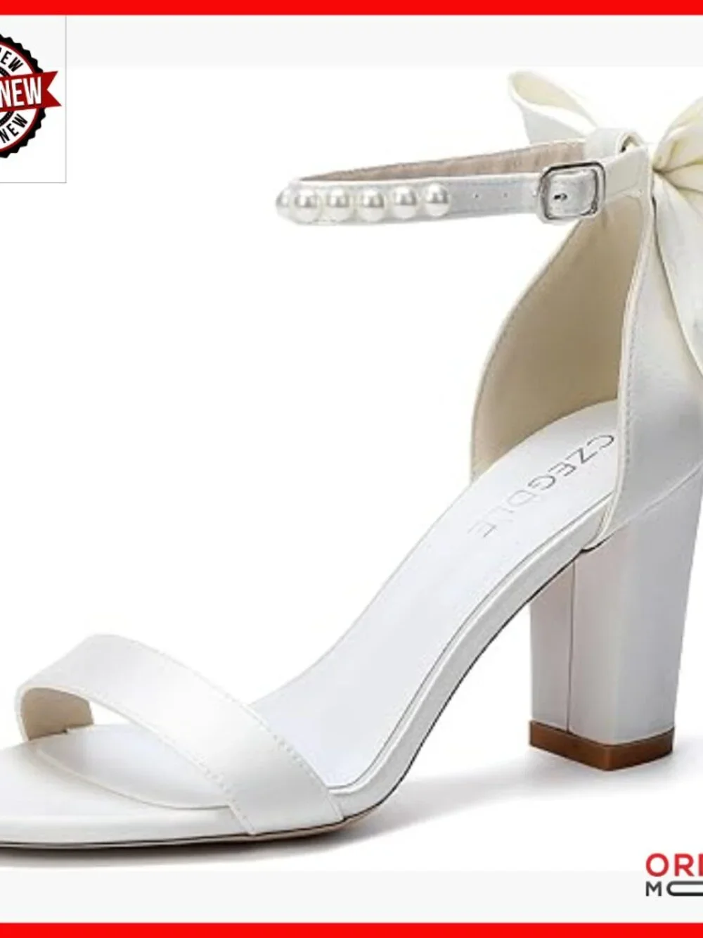 Satin Block Heel Sandals with Bow Pearl Ankle Strap Wedding Bridal Dress Shoes